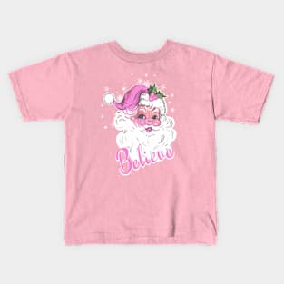 Pink Retro Santa Claus Believe Christmas Kids T-Shirt